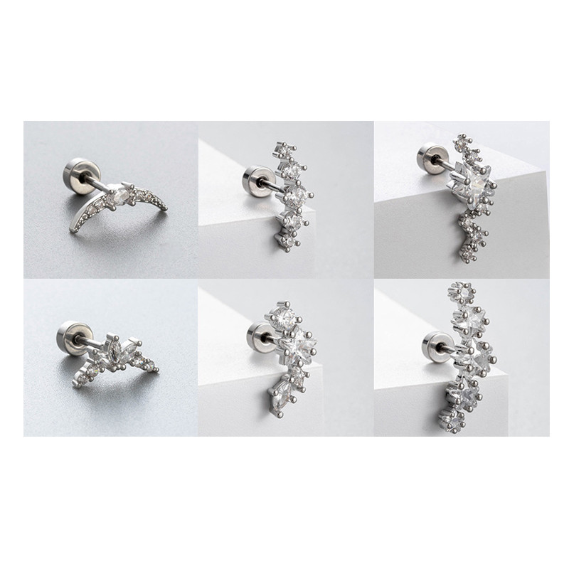 1PC Cute Heart Studs Earring Crystal Ear Stud Stainless Steel Helix Earring Girl Sliver Plated Star Moon Ear Jewelry