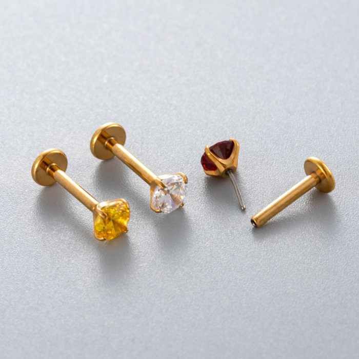 Titanium Colorful CZ Push In Threadless Labret Piercing Earring Stud Cartilage Wholesale Body Jewelry