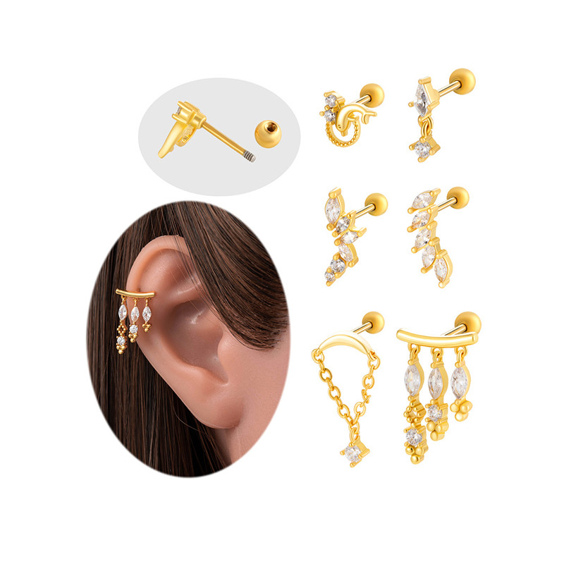 1PCS Gold Plated Zirconia Leaves Earrings For Women Crystal Charm Stainless Steel Stud Pierce Girl Ear Accessory