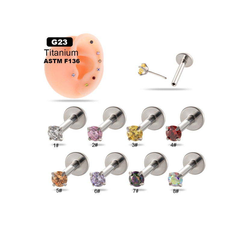Titanium Colorful CZ Push In Threadless Labret Piercing Earring Stud Cartilage Wholesale Body Jewelry