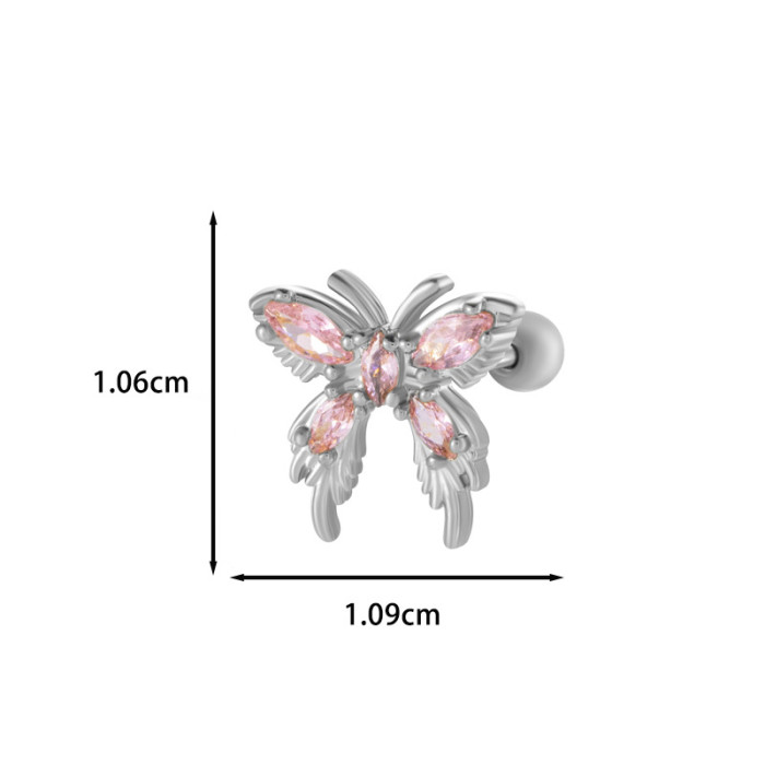 1PC Pink Zircon Butterfly Stud Earrings Stainless Steel Screw Back Cartilage Earring Helix Piercing Jewelry