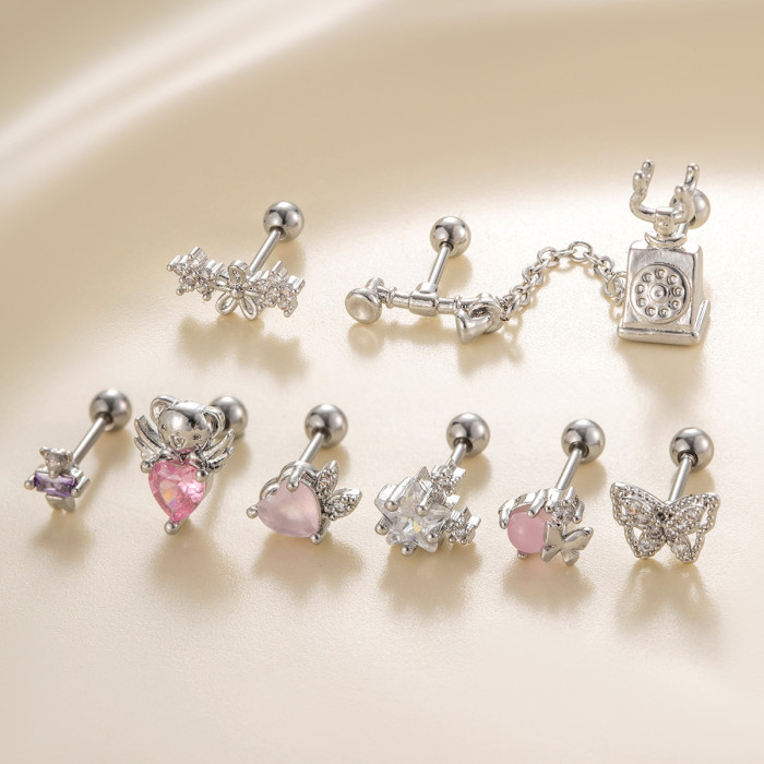 1PC Pink Zircon Butterfly Star Bear Stud Earrings Stainless Steel Screw Back Cartilage Earring Helix Piercing Jewelry
