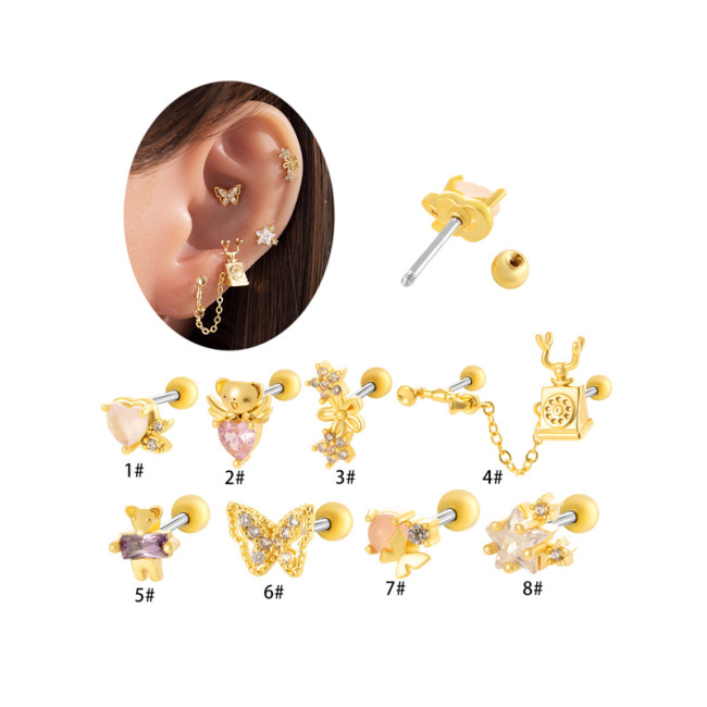 1PC Pink Zircon Butterfly Star Bear Stud Earrings Stainless Steel Screw Back Cartilage Earring Helix Piercing Jewelry