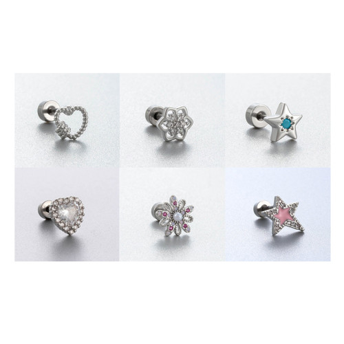 1Piece Cute Multicolour Zircon Star Flower Cross Screw Back Cartilage Stud Earrings Stainless Steel Helix Ear Piercing Jewelry