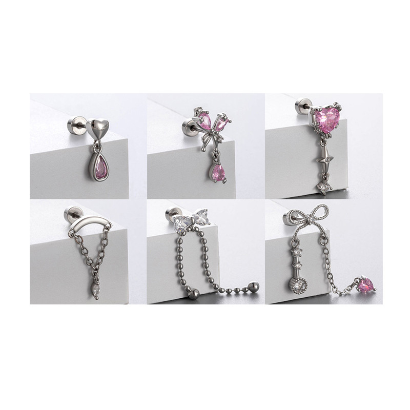 1 Pcs Bowknot Zircon Chain Stainless Steel Ear Bone Nail New Fashion Shiny Quality Earrings for Women Accessories Gift