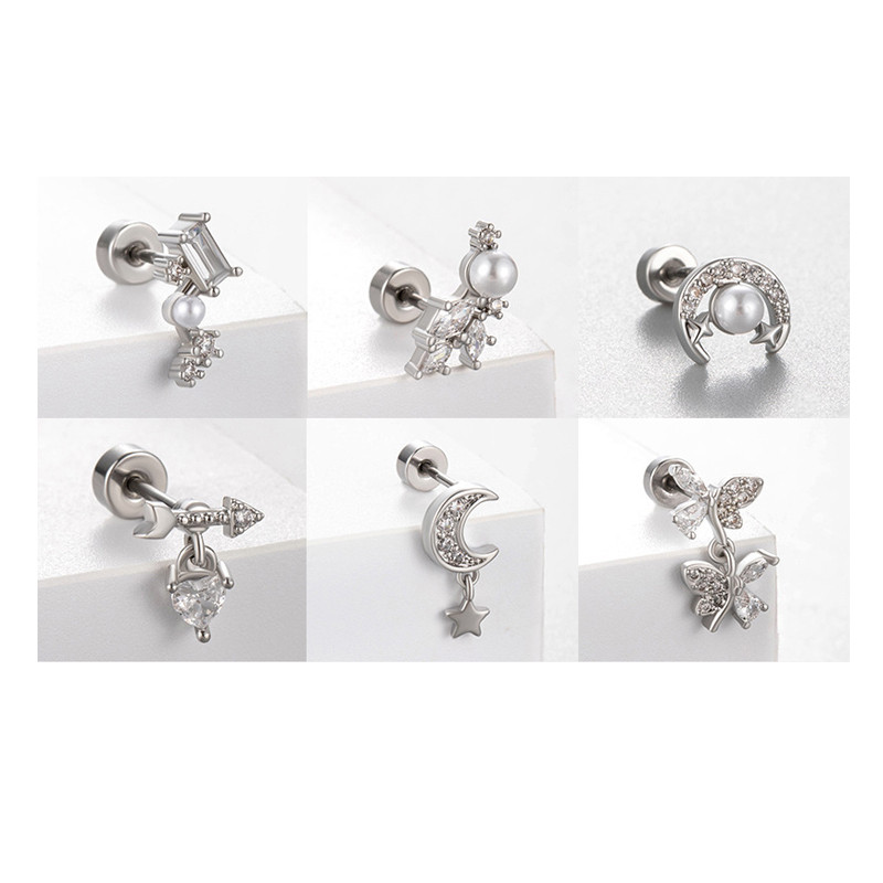 1Piece Cute Multicolour Zircon Star Flower Cross Screw Back Cartilage Stud Earrings Stainless Steel Helix Ear Piercing Jewelry