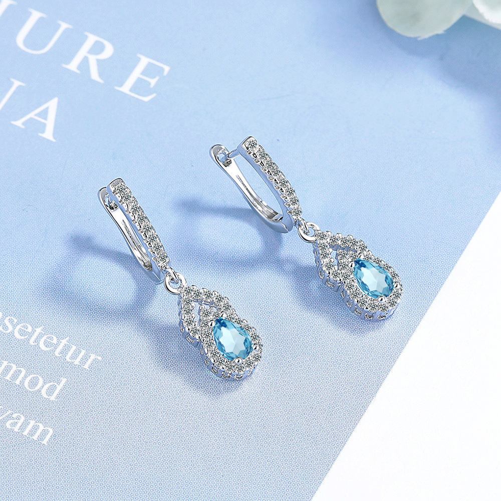 Genuine Blue Topaz Garnet Created Sapphire Ruby Emerald Water Drop Earring for Women Jewelry Gift