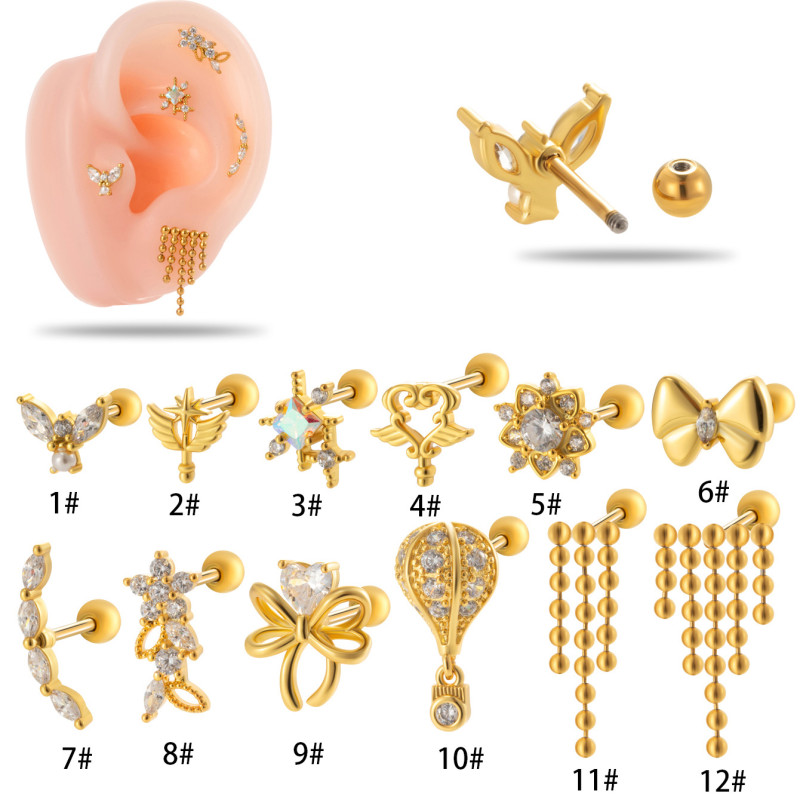 1 Piece Stainless Steel Heart Stud Earring Shiny CZ Crystal Tassel Drop Ear Studs Cartilage Helix Conch Piercing Jewelry