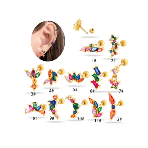 1PC Colorful Cubic Zirconia Flower Bowknot Helix Stud Earrings Screw Back Stainless Steel Ear Cartilage Earring Piercing Jewelry