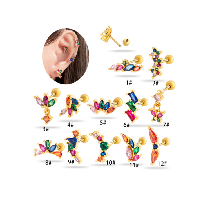 1PC Colorful Cubic Zirconia Flower Bowknot Helix Stud Earrings Screw Back Stainless Steel Ear Cartilage Earring Piercing Jewelry