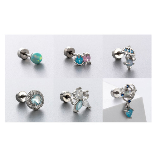 One Piece Cute Zirconia Dimensional Wings Moon Chain Piercing Screw Stud Earrings for Women Girls Fashion Jewelry in Summer