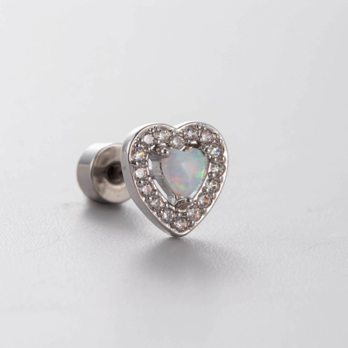 New Trendy Shiny Color Zircon 316L Stainless Steel Ear Bone Nail Gothic Love Heart Small Earrings for Women Jewelry
