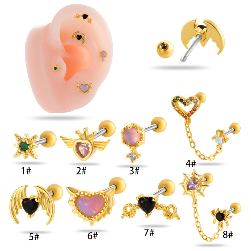 1Piece Zircon Halloween Spider Heart Chain Cartilage Earrings Screw Back Stainless Steel Stud Earring Helix Ear Piercing Jewelry