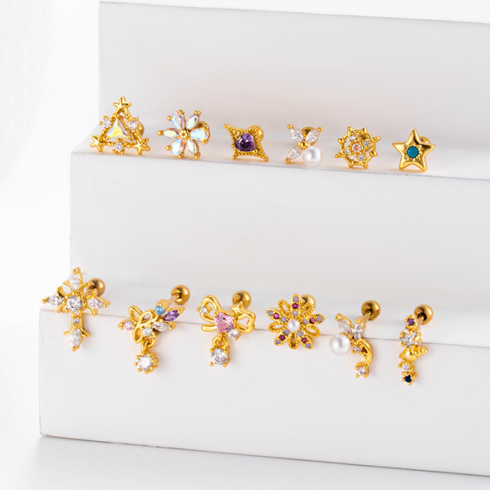 1Piece Cute Multicolour Zircon Star Flower Cross Screw Back Cartilage Stud Earrings Stainless Steel Helix Ear Piercing Jewelry