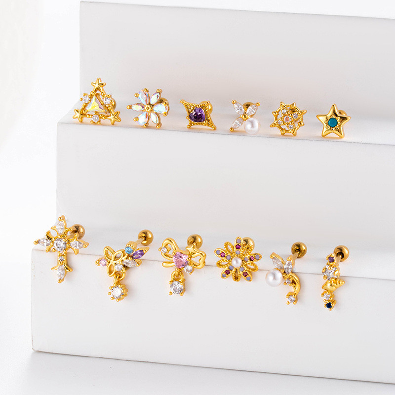1Piece Cute Multicolour Zircon Star Flower Cross Screw Back Cartilage Stud Earrings Stainless Steel Helix Ear Piercing Jewelry