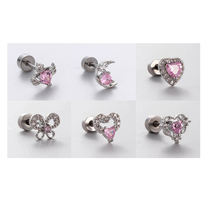 1 Pcs Cute Pink Zircon Bear Cross Love Heart 316L Stainless Steel Ear Bone Nail for Women Small Earrings Jewelry Birthday Gift