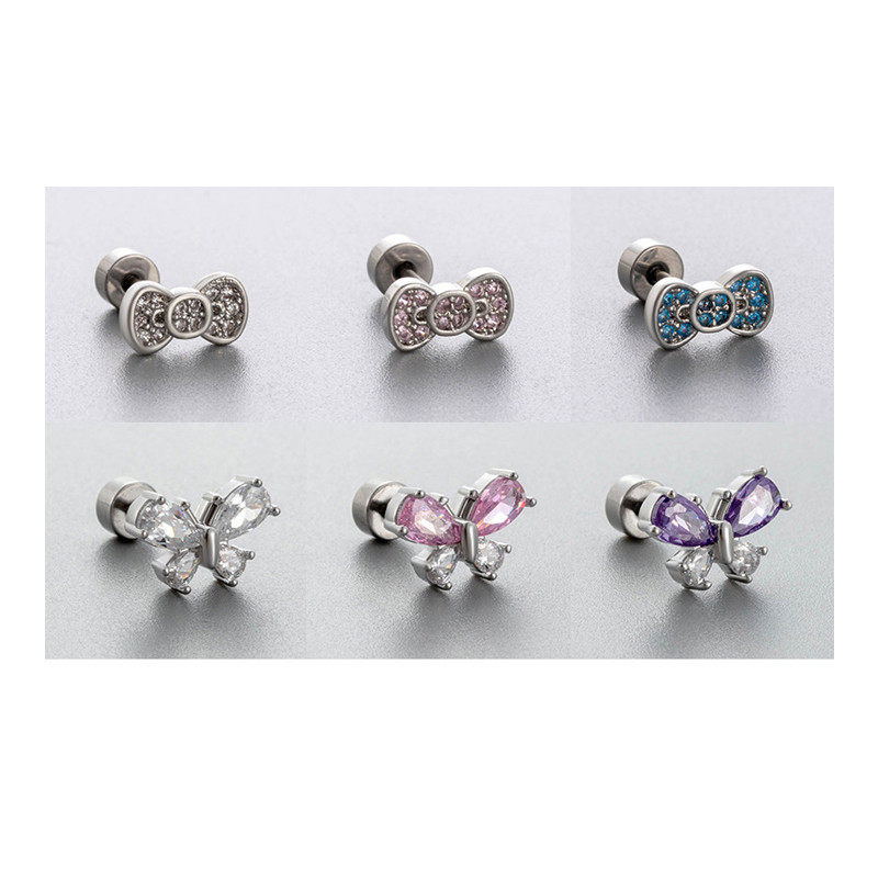 1PC Titanium Steel Butterfly Zircon Ear Bone Stud Stud Ear Tragus Internally Threaded Flat Bottom Cartilage Piercing Earring