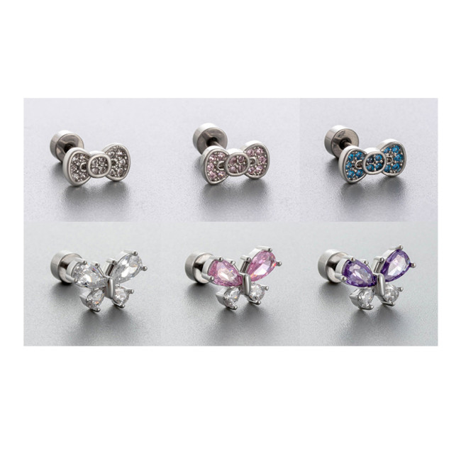 1PC Titanium Steel Butterfly Zircon Ear Bone Stud Stud Ear Tragus Internally Threaded Flat Bottom Cartilage Piercing Earring