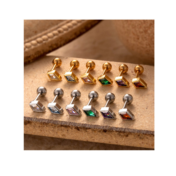 1PC Stainless Steel Colorful Crystal Zircon Stud Earring For Women 1.2mm Rod Rhombus Cartilage Earrings Helix Piercing Jewelry