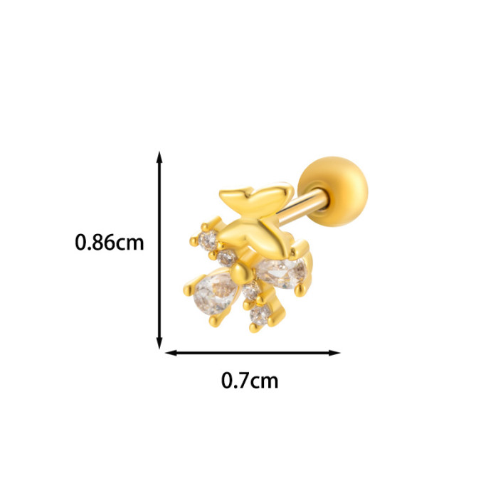 1PCS Cubic Zirconia Single Flower Ear Piercing Gold Silver Cartilage Stud Earring with Stainless Steel Butterfly Design Jewelry