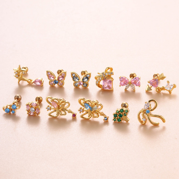 1PC Exquisite Colorful Zircon Bowknot Stud Earrings For Women Stainless Steel Helix Cartilage Piercing Earring Fashion Jewelry