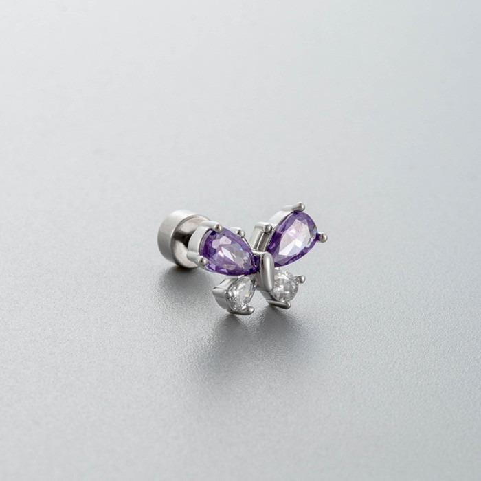 1PC Titanium Steel Butterfly Zircon Ear Bone Stud Stud Ear Tragus Internally Threaded Flat Bottom Cartilage Piercing Earring