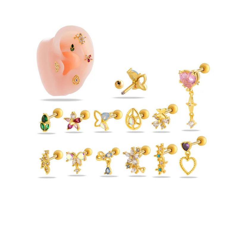 1PCS Cubic Zirconia Single Flower Ear Piercing Gold Silver Cartilage Stud Earring with Stainless Steel Butterfly Design Jewelry