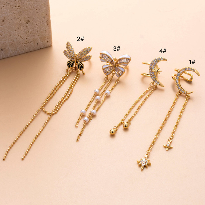 1pc Ear Cuff Butterfly Moon Zircon Earrings Woman INS Fashion Fake Piercings Tassel Chain Clip on Ear Conch Jewelry G...