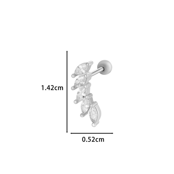 1PCS Gold Plated Zirconia Leaves Earrings for Women Crystal Charm Stainless Steel Stud Pierce Girl Ear Accessory