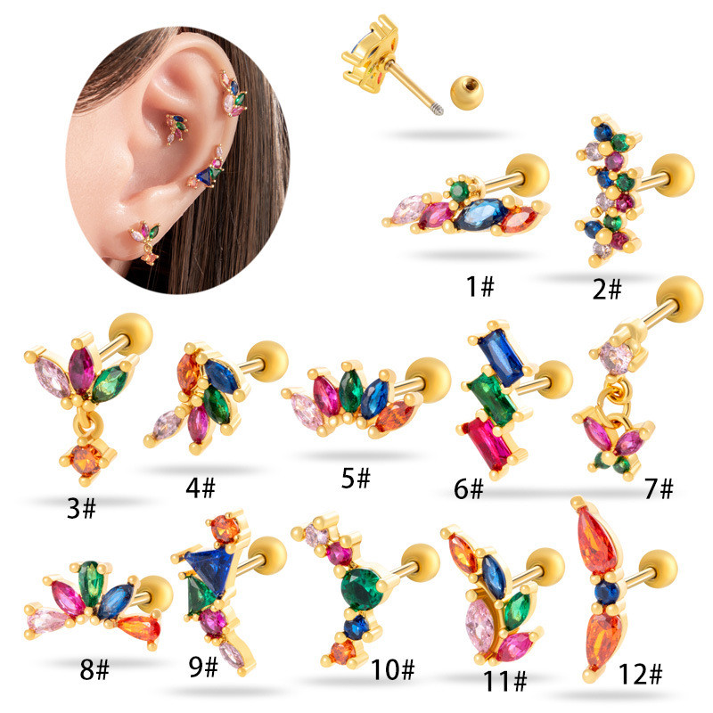 1PC Colorful Cubic Zirconia Flower Bowknot Helix Stud Earrings Screw Back Stainless Steel Ear Cartilage Earring Piercing Jewelry