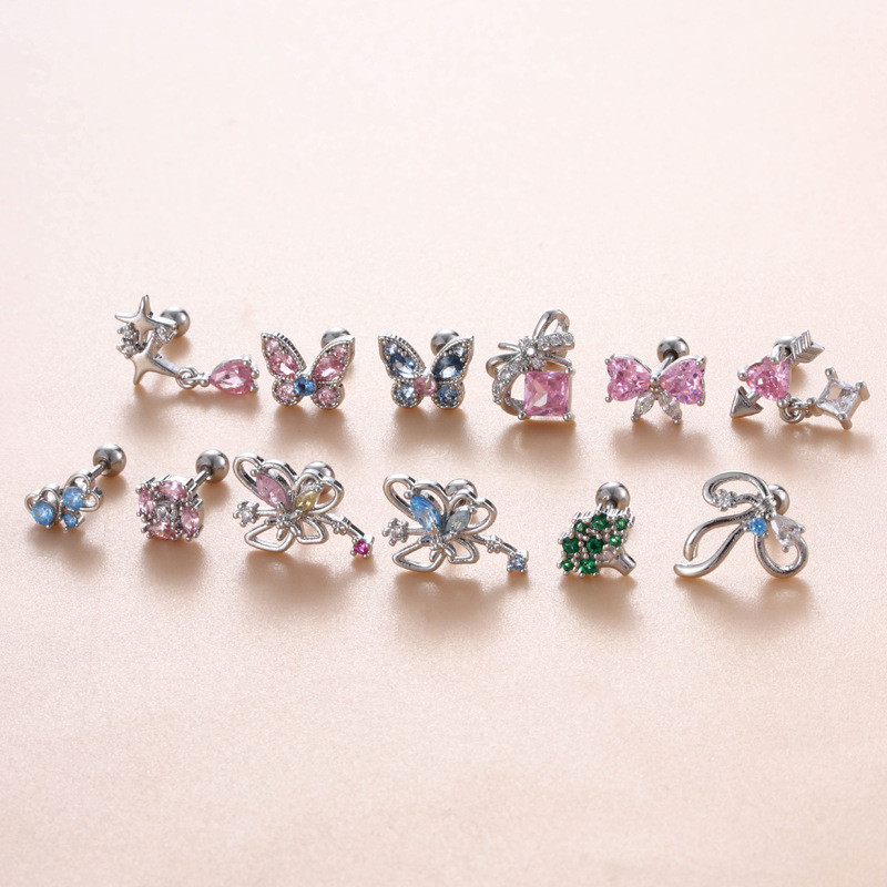 1PC Exquisite Colorful Zircon Bowknot Stud Earrings For Women Stainless Steel Helix Cartilage Piercing Earring Fashion Jewelry