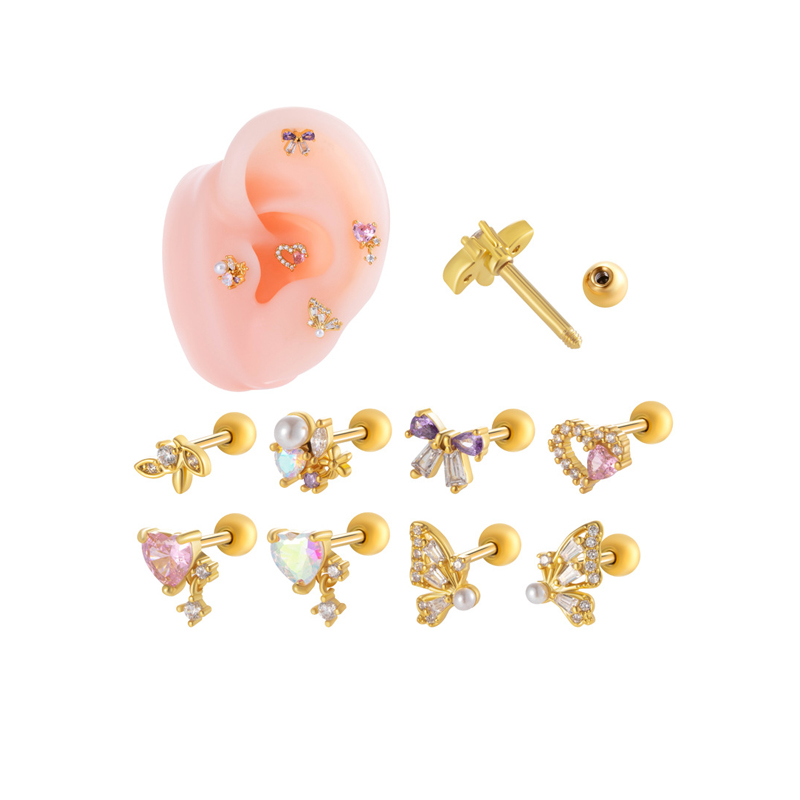 1Piece Cute Butterfly Heart Shape CZ Crystal Pealr Stud Earring for Women Stainless Steel Ear Helix Conch Rock Piercings Jewelry