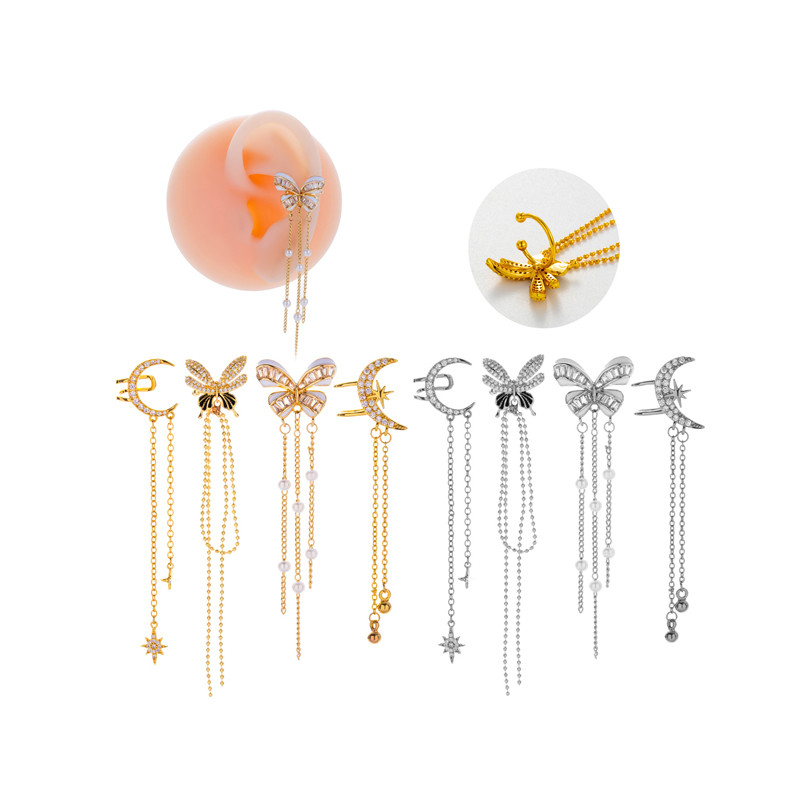 1pc Ear Cuff Butterfly Moon Zircon Earrings Woman INS Fashion Fake Piercings Tassel Chain Clip On Ear Conch Jewelry Girl Gifts