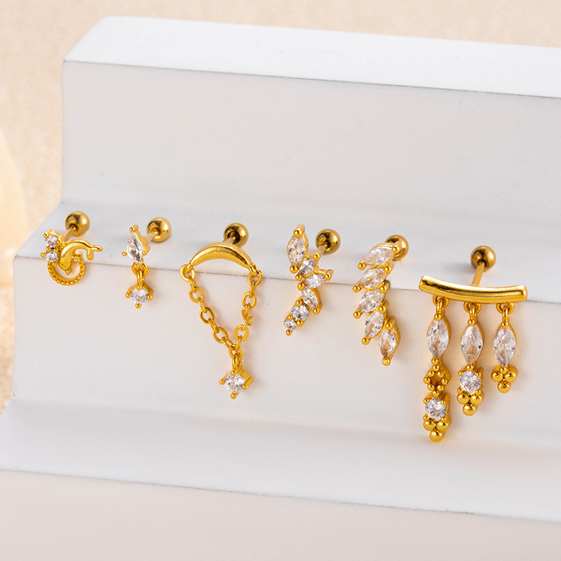 1PCS Gold Plated Zirconia Leaves Earrings For Women Crystal Charm Stainless Steel Stud Pierce Girl Ear Accessory