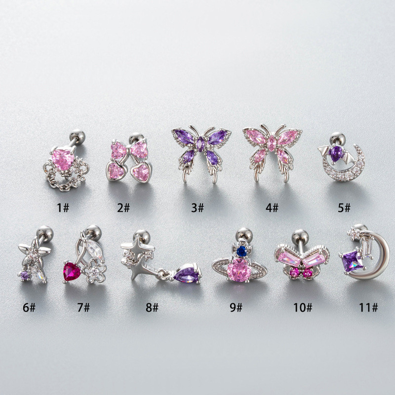 1PC Pink Zircon Butterfly Moon Cherry Planet Stud Earrings Stainless Steel Screw Back Cartilage Earring Helix Piercing Jewelry
