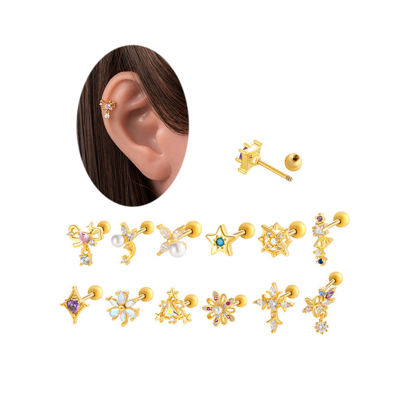 1Piece Cute Multicolour Zircon Star Flower Cross Screw Back Cartilage Stud Earrings Stainless Steel Helix Ear Piercing Jewelry