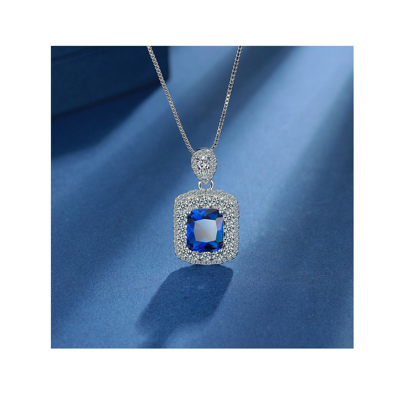 Created Blue Sapphire  Rectangle Pendant Necklace for Women Gemstone Fine Jewelry