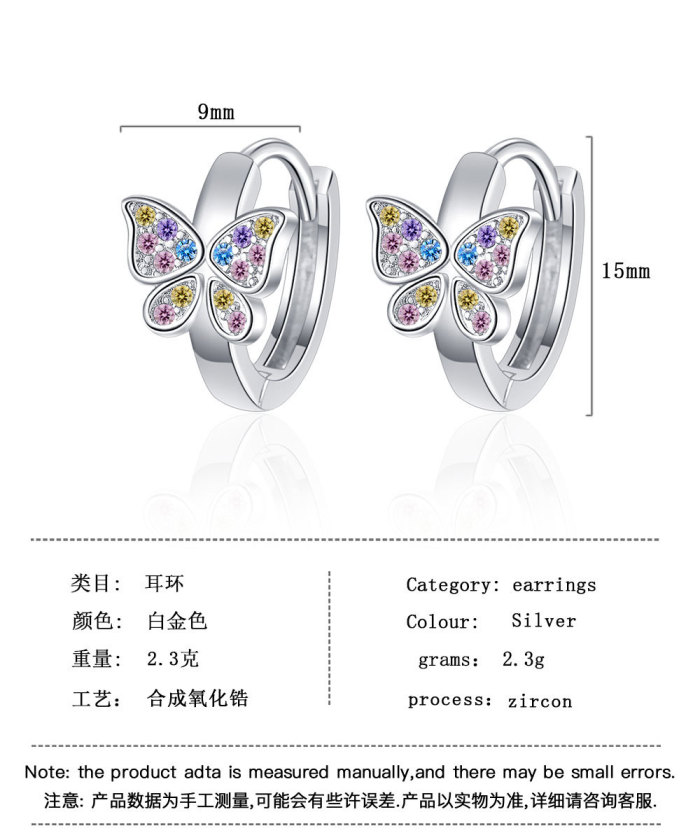 Princess Rainbow Butterfly Hoop Earring for Women Colorful Zircon Loop Huggies Earring Korea Jewelry