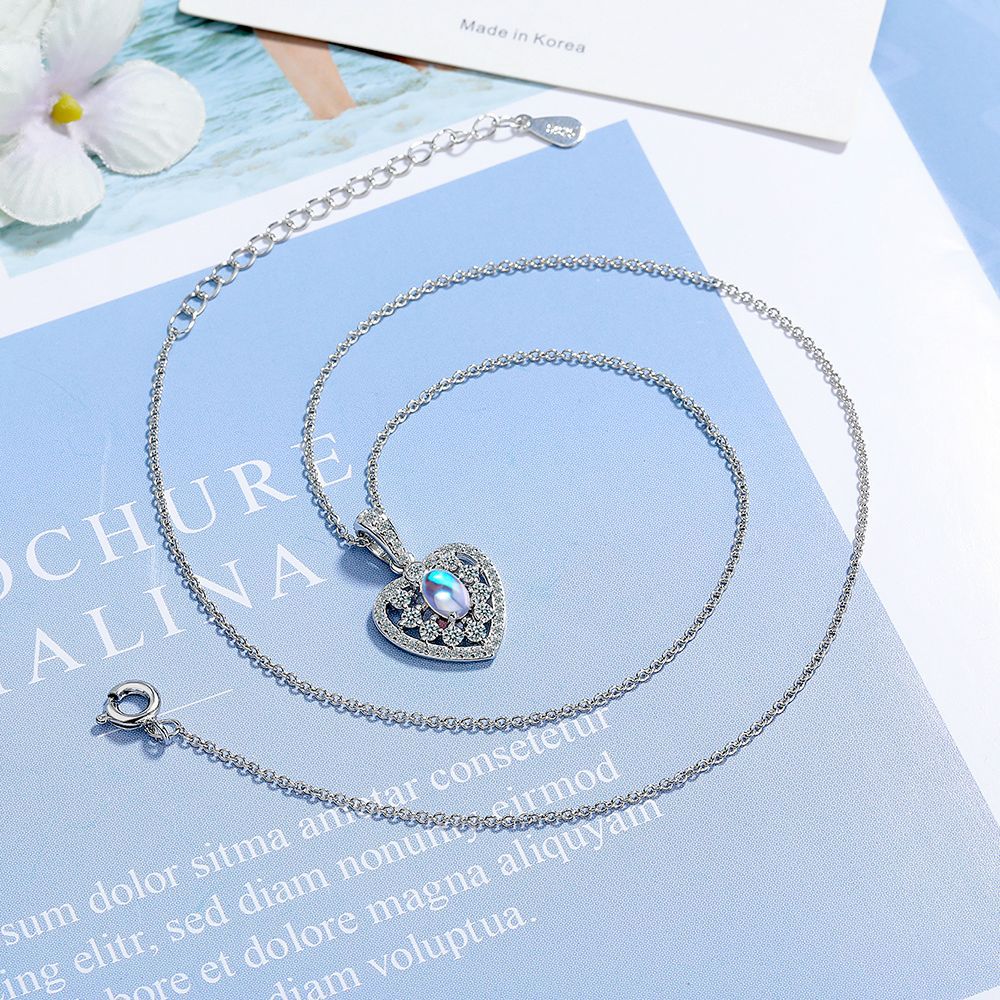 Oval Moonstone Necklace Romantic Heart Shiny CZ Pendant Necklace for Women Wedding Party Jewelry