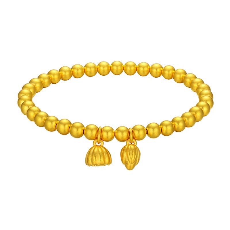 Women's Hand Bracelets Yellow Gold Color Bead Elastic Chain Lotus Charm Bracelet & Bangles Wristband Luxury Jewelry