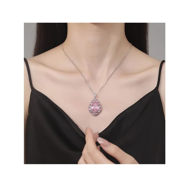 Luxury Female Crystal Big Pink Water Drop Pendant Necklace Cute Large Wedding Jewelry for Women