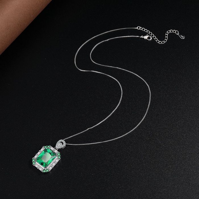 Square Simulated Nano Emerald Pendant Necklace for Women Green Gemstone Choker Gift