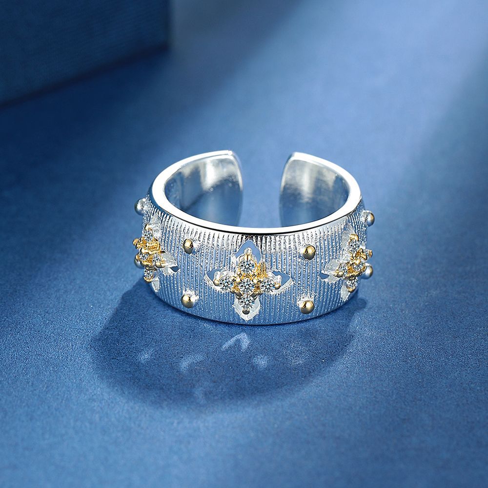 Elegant Four-leaf Flower Zircon Open Ring for Women Vintage Gold Color Couple Rings Luxury Jewelry Gift3