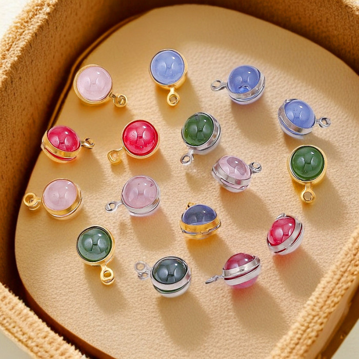 Stainless Steel Pink Quartz Round Shape Pendant Charms for DIY Handmade Earrings Necklace Bracelet Jewelry Making Supplies