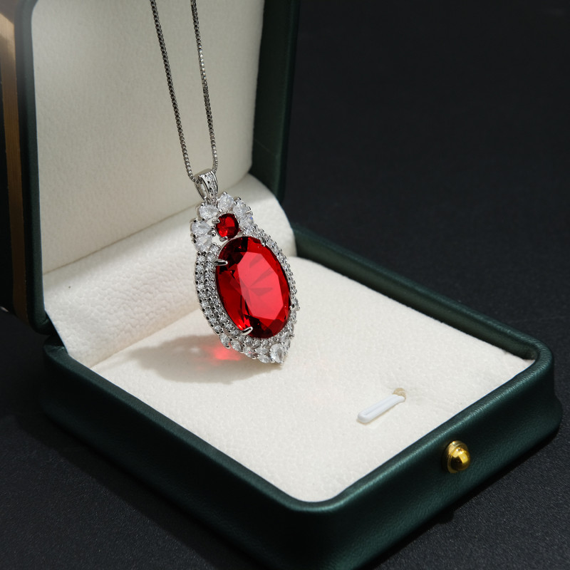 Retro Oval Ruby Quartz Pendant Necklace for Women Gemstone Lab Diamond Cocktail Party Fine Jewelry Gift
