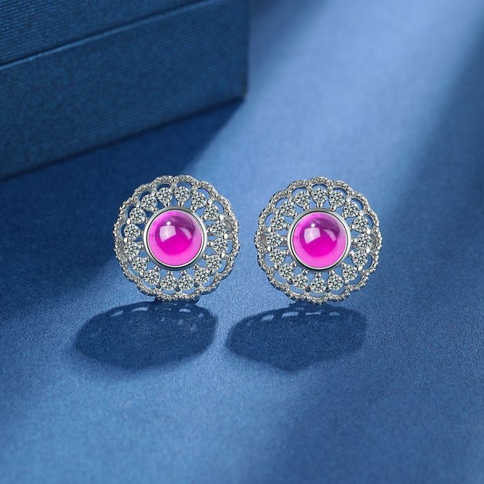 Luxury Bridal Pink Moon Stone Round Stud Earrings for Women Silver Color Engagement Wedding Ear Jewelry