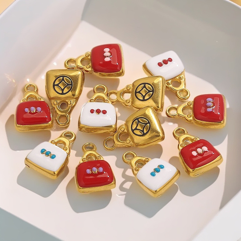 Stainless Steel 3D Enamel Handbag Charms PVD Plated Cosmetic Bag Pendant for Diy Necklace Bracelet Earrings Jewelry Making