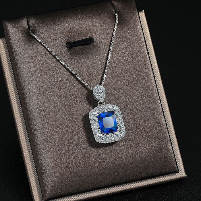 Created Blue Sapphire  Rectangle Pendant Necklace for Women Gemstone Fine Jewelry