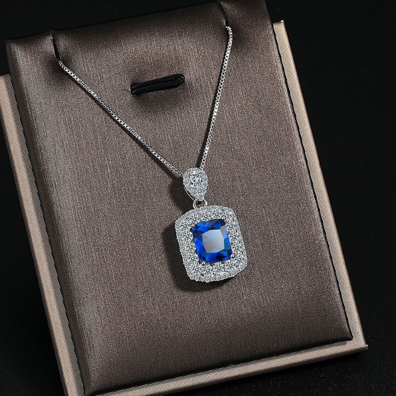 Created Blue Sapphire  Rectangle Pendant Necklace for Women Gemstone Fine Jewelry