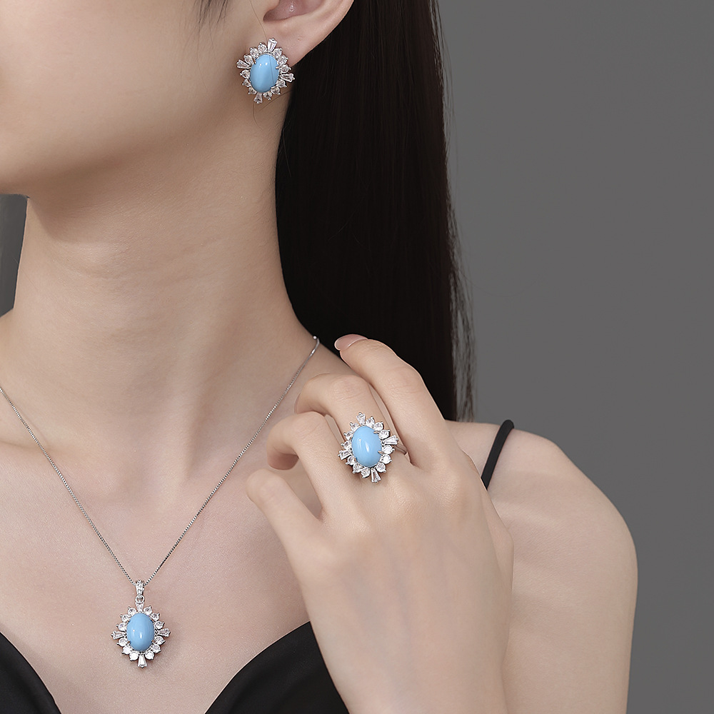 Oval Stone Geometric Stud Earrings Women Austrian Vintage Turquoise Sunflower Necklace Petal Zircon Earrings Ring Set
